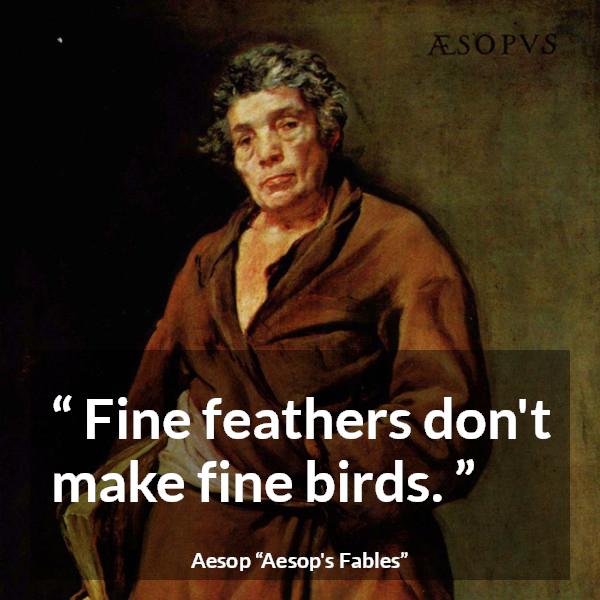 Aesop quote about bird from Aesop's Fables - Fine feathers don't make fine birds.