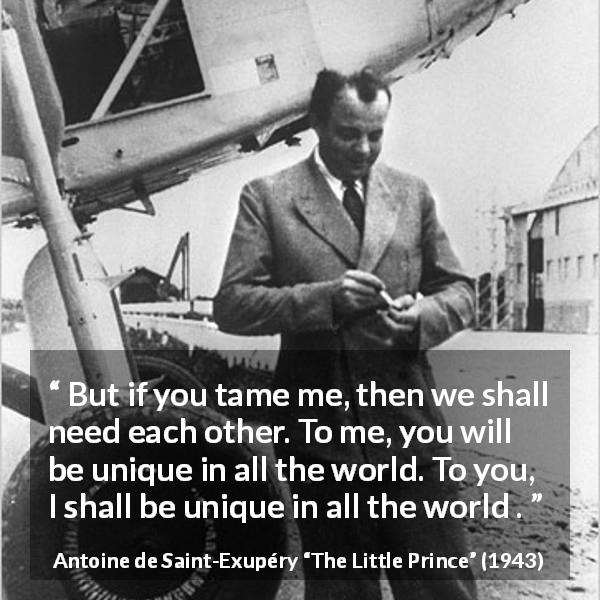 Antoine de Saint-Exupéry quote about need from The Little Prince - But if you tame me, then we shall need each other. To me, you will be unique in all the world. To you, I shall be unique in all the world .