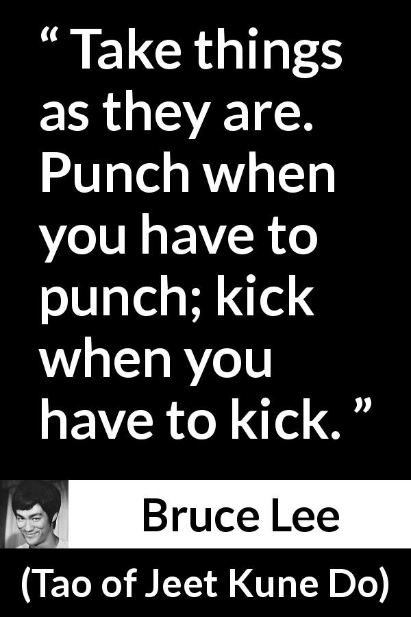 Bruce Lee quote about punch from Tao of Jeet Kune Do - Take things as they are. Punch when you have to punch; kick when you have to kick.