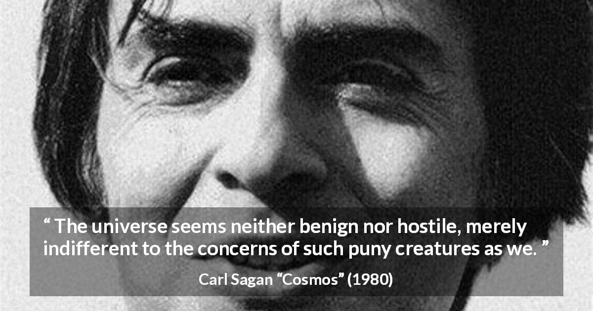 Carl Sagan quote about indifference from Cosmos - The universe seems neither benign nor hostile, merely indifferent to the concerns of such puny creatures as we.