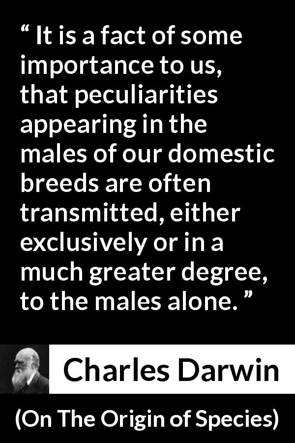 Charles Darwin quote about evolution from On The Origin of Species - It is a fact of some importance to us, that peculiarities appearing in the males of our domestic breeds are often transmitted, either exclusively or in a much greater degree, to the males alone.