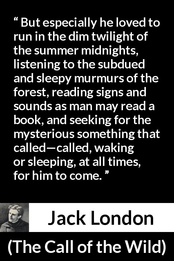 Jack London quote about nature from The Call of the Wild - But especially he loved to run in the dim twilight of the summer midnights, listening to the subdued and sleepy murmurs of the forest, reading signs and sounds as man may read a book, and seeking for the mysterious something that called—called, waking or sleeping, at all times, for him to come.