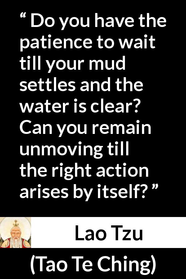 Lao Tzu quote about waiting from Tao Te Ching - Do you have the patience to wait till your mud settles and the water is clear? Can you remain unmoving till the right action arises by itself?