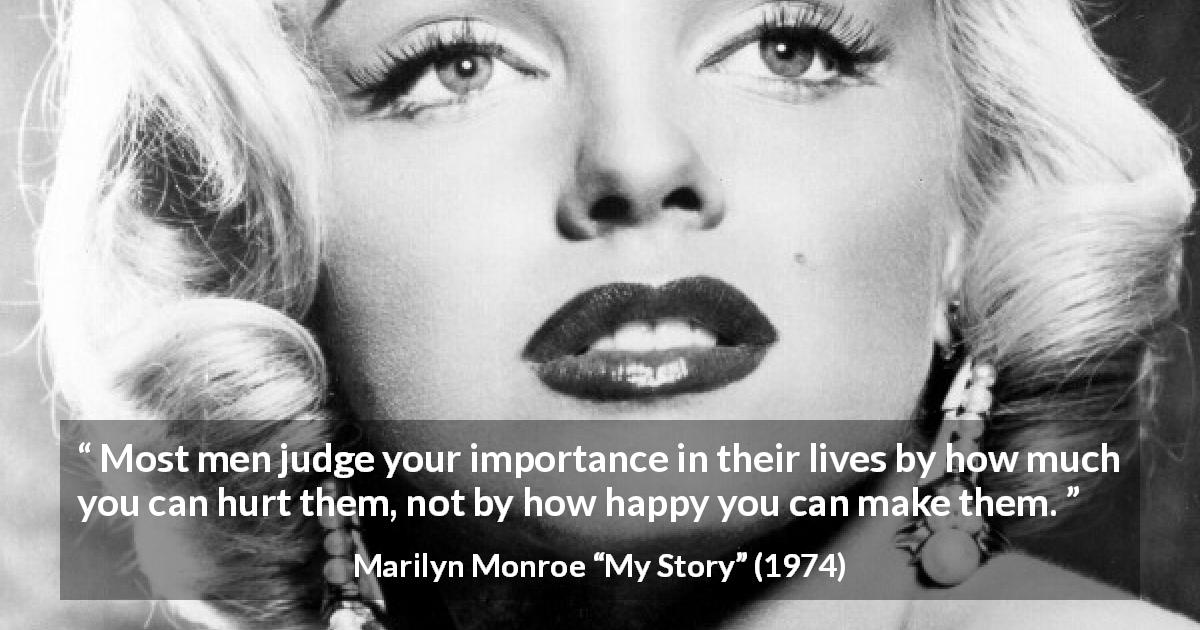 Marilyn Monroe quote about happiness from My Story - Most men judge your importance in their lives by how much you can hurt them, not by how happy you can make them.