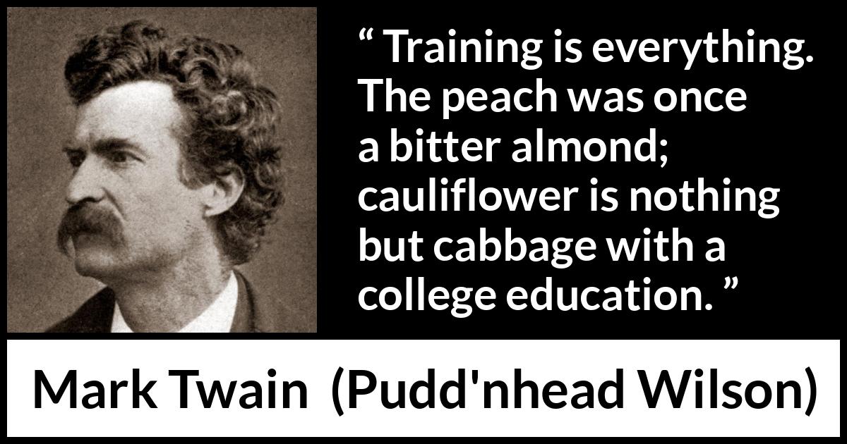 Mark Twain quote about education from Pudd'nhead Wilson (1894) Mark Twain quote about education from Pudd'nhead Wilson (1894) - Training is everything. The peach was once a bitter almond; cauliflower is nothing but cabbage with a college education.