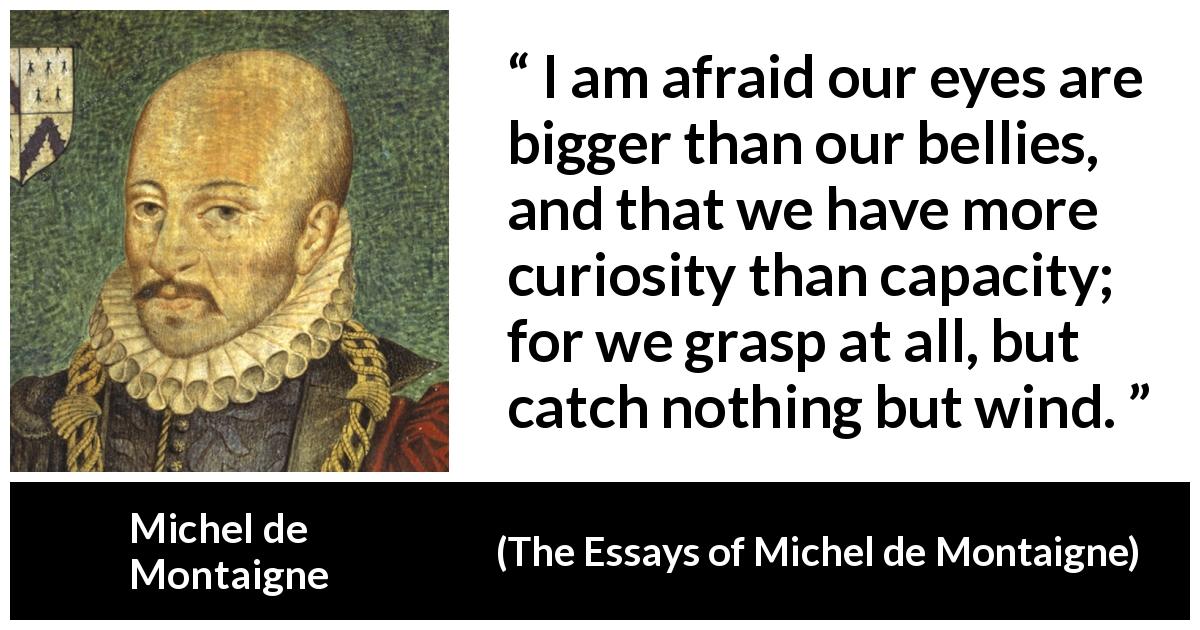 Michel de Montaigne quote about understanding from The Essays of Michel de Montaigne - I am afraid our eyes are bigger than our bellies, and that we have more curiosity than capacity; for we grasp at all, but catch nothing but wind.