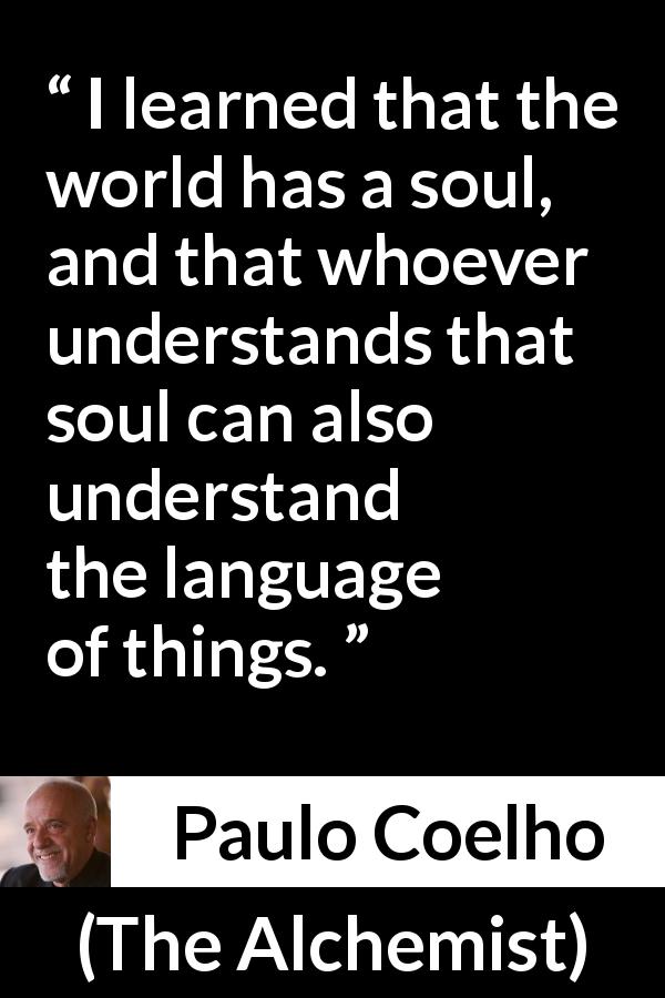 Paulo Coelho quote about understanding from The Alchemist - I learned that the world has a soul, and that whoever understands that soul can also understand the language of things.