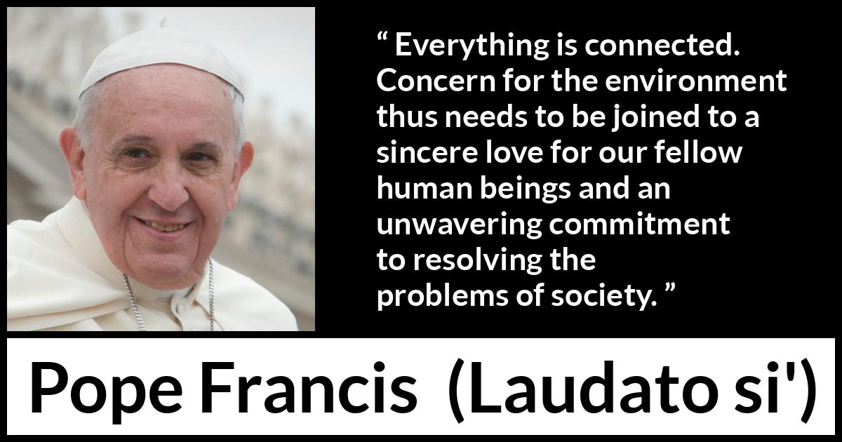 Pope Francis quote about society from Laudato si' (24 May 2015 ) Pope Francis quote about society from Laudato si' (24 May 2015 ) - Everything is connected. Concern for the environment thus needs to be joined to a sincere love for our fellow human beings and an unwavering commitment to resolving the problems of society.