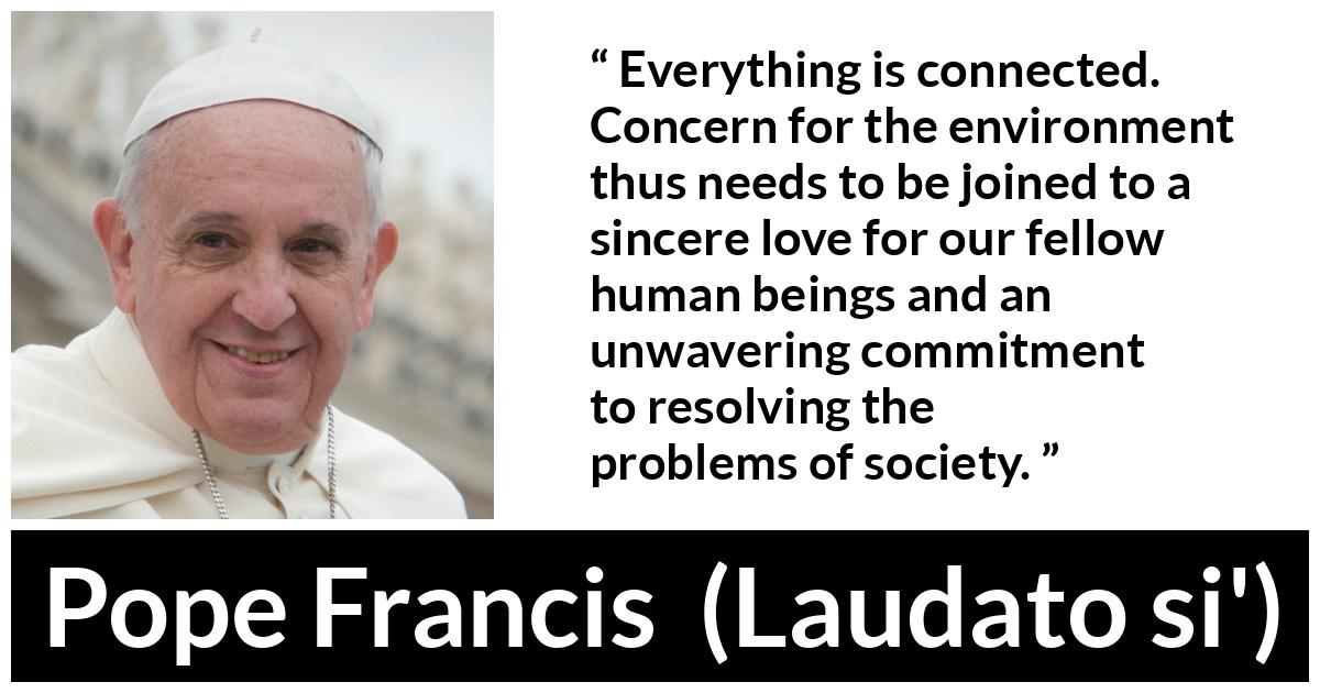 Pope Francis quote about society from Laudato si' (24 May 2015 ) - Everything is connected. Concern for the environment thus needs to be joined to a sincere love for our fellow human beings and an unwavering commitment to resolving the problems of society.