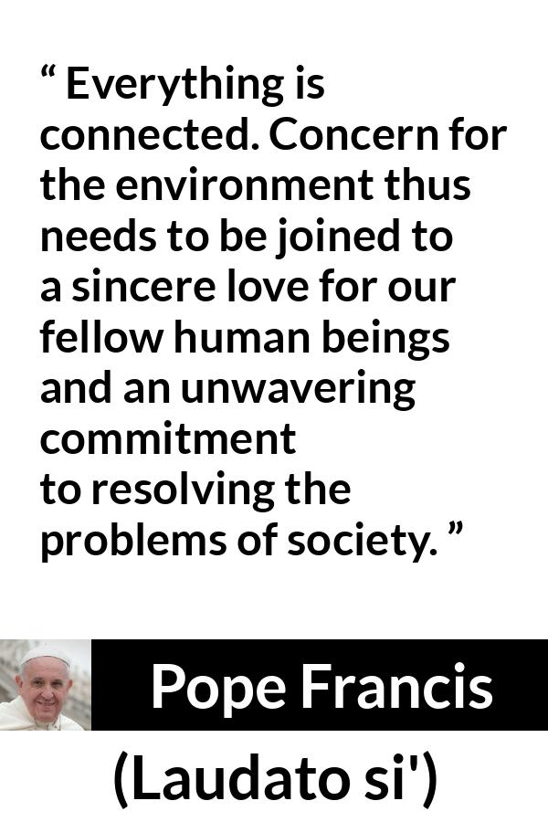 Pope Francis quote about society from Laudato si' (24 May 2015 ) - Everything is connected. Concern for the environment thus needs to be joined to a sincere love for our fellow human beings and an unwavering commitment to resolving the problems of society.