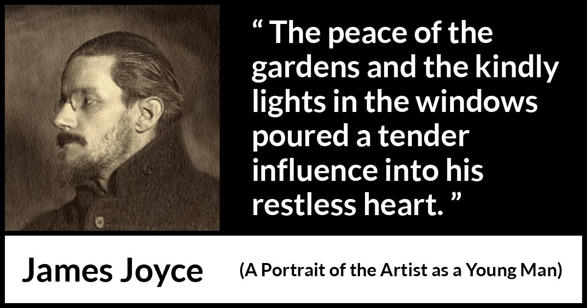 James Joyce - A Portrait of the Artist as a Young Man - The peace of the gardens and the kindly lights in the windows poured a tender influence into his restless heart.