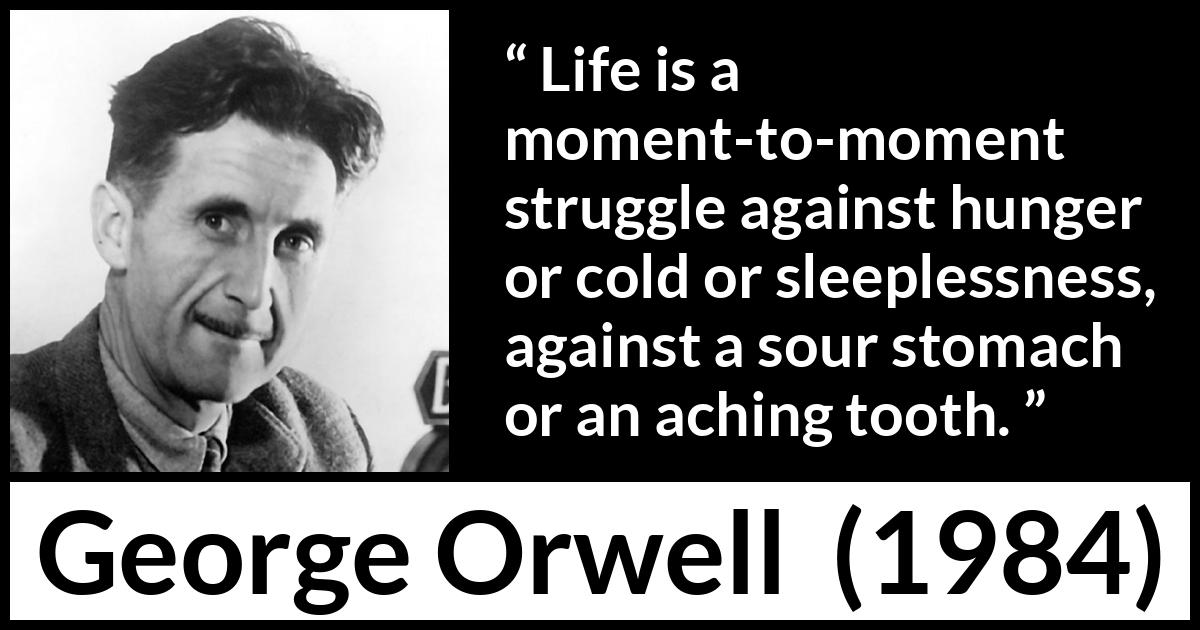George Orwell - 1984 - Life is a moment-to-moment struggle against hunger or cold or sleeplessness, against a sour stomach or an aching tooth.