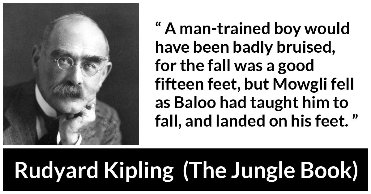 Rudyard Kipling - The Jungle Book - A man-trained boy would have been badly bruised, for the fall was a good fifteen feet, but Mowgli fell as Baloo had taught him to fall, and landed on his feet.