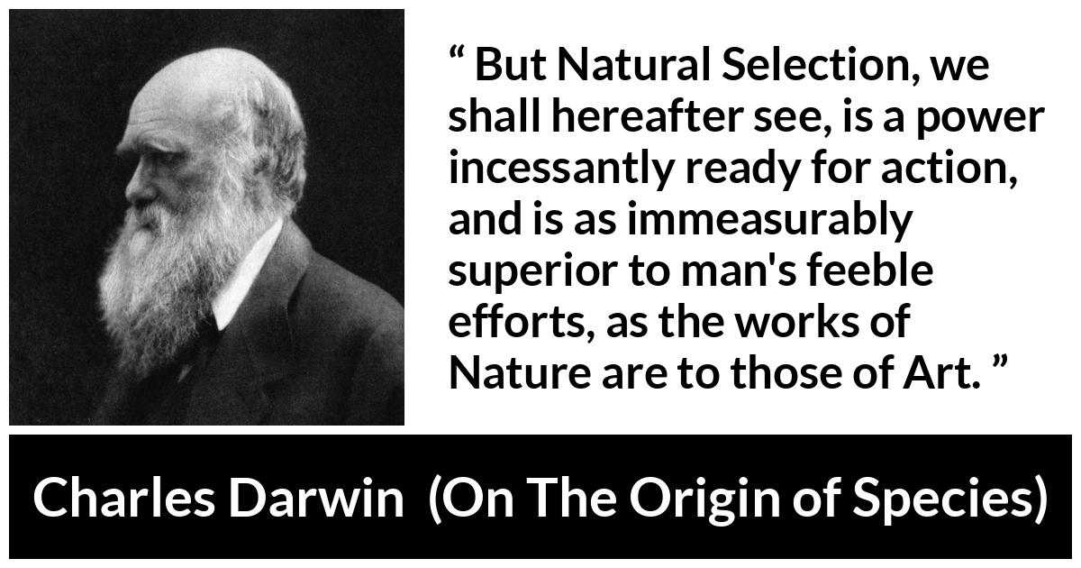 Charles Darwin - On The Origin of Species - But Natural Selection, we shall hereafter see, is a power incessantly ready for action, and is as immeasurably superior to man's feeble efforts, as the works of Nature are to those of Art.