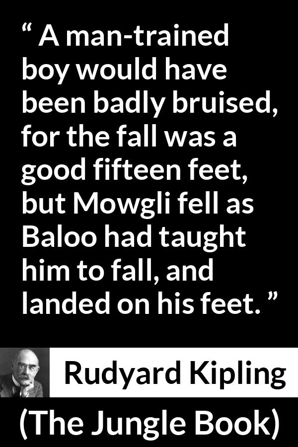 Rudyard Kipling - The Jungle Book - A man-trained boy would have been badly bruised, for the fall was a good fifteen feet, but Mowgli fell as Baloo had taught him to fall, and landed on his feet.