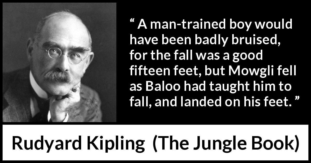 Rudyard Kipling quote about man from The Jungle Book - A man-trained boy would have been badly bruised, for the fall was a good fifteen feet, but Mowgli fell as Baloo had taught him to fall, and landed on his feet.
