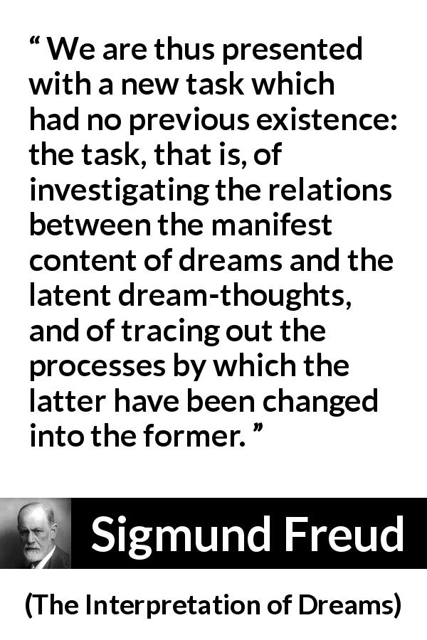 Sigmund Freud quote about dreams from The Interpretation of Dreams - We are thus presented with a new task which had no previous existence: the task, that is, of investigating the relations between the manifest content of dreams and the latent dream-thoughts, and of tracing out the processes by which the latter have been changed into the former.