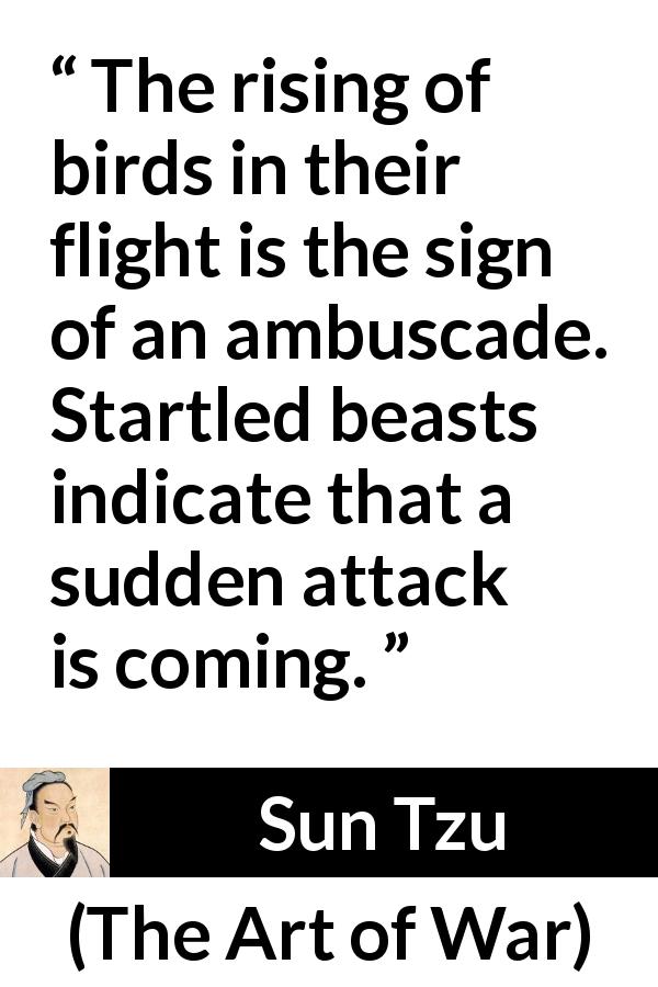 Sun Tzu quote about birds from The Art of War - The rising of birds in their flight is the sign of an ambuscade. Startled beasts indicate that a sudden attack is coming.