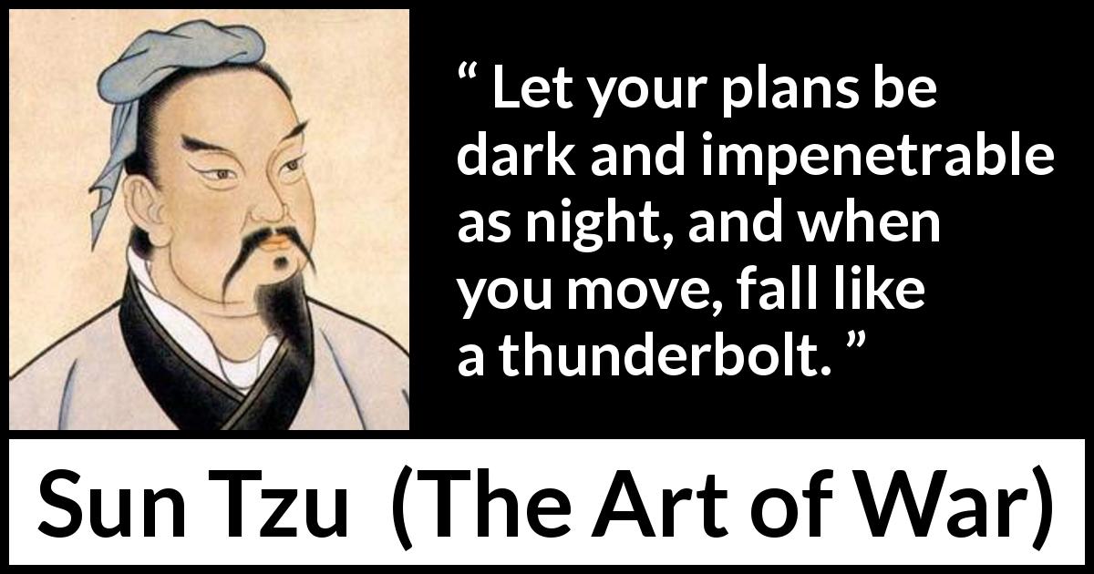 Sun Tzu quote about speed from The Art of War - Let your plans be dark and impenetrable as night, and when you move, fall like a thunderbolt.
