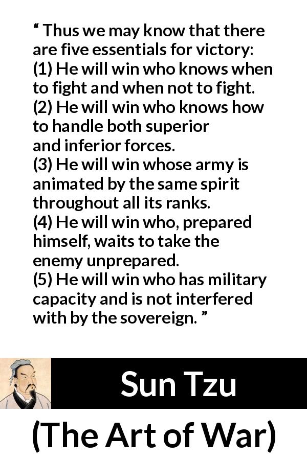 Sun Tzu quote about victory from The Art of War - Thus we may know that there are five essentials for victory:
(1) He will win who knows when to fight and when not to fight.
(2) He will win who knows how to handle both superior and inferior forces.
(3) He will win whose army is animated by the same spirit throughout all its ranks.
(4) He will win who, prepared himself, waits to take the enemy unprepared.
(5) He will win who has military capacity and is not interfered with by the sovereign.