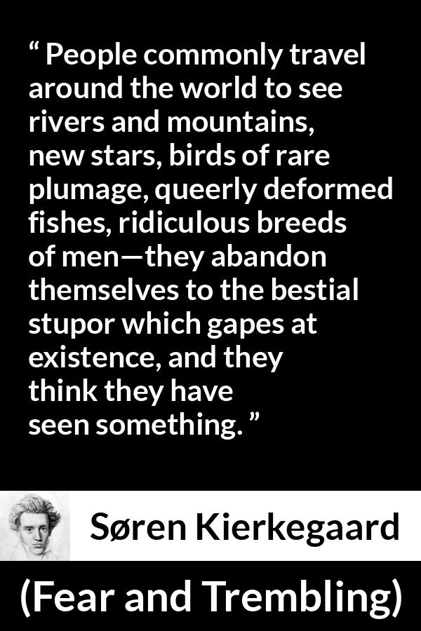 Søren Kierkegaard quote about sight from Fear and Trembling (1843) - People commonly travel around the world to see rivers and mountains, new stars, birds of rare plumage, queerly deformed fishes, ridiculous breeds of men—they abandon themselves to the bestial stupor which gapes at existence, and they think they have seen something.