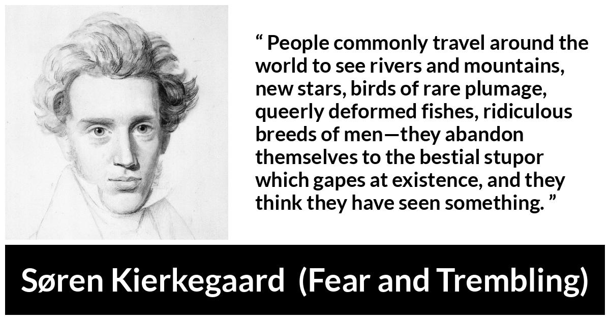 Søren Kierkegaard quote about sight from Fear and Trembling (1843) - People commonly travel around the world to see rivers and mountains, new stars, birds of rare plumage, queerly deformed fishes, ridiculous breeds of men—they abandon themselves to the bestial stupor which gapes at existence, and they think they have seen something.