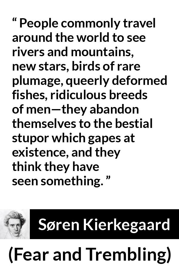 Søren Kierkegaard quote about sight from Fear and Trembling (1843) - People commonly travel around the world to see rivers and mountains, new stars, birds of rare plumage, queerly deformed fishes, ridiculous breeds of men—they abandon themselves to the bestial stupor which gapes at existence, and they think they have seen something.
