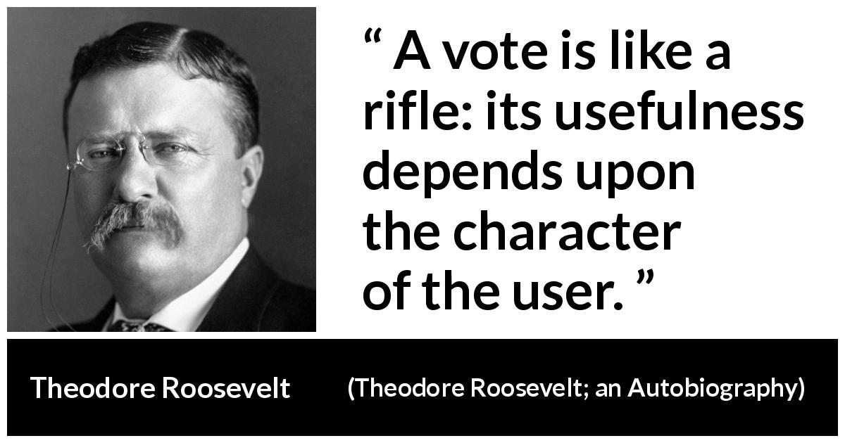 Theodore Roosevelt quote about democracy from Theodore Roosevelt; an Autobiography - A vote is like a rifle: its usefulness depends upon the character of the user.