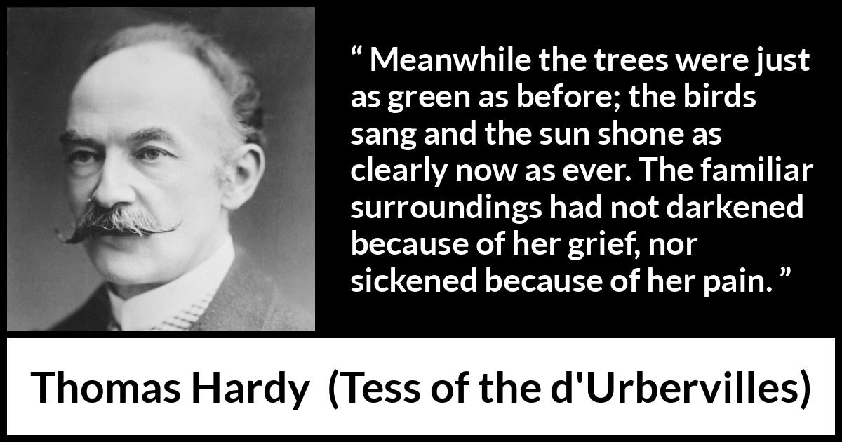 Thomas Hardy quote about grief from Tess of the d'Urbervilles (1891) Thomas Hardy quote about grief from Tess of the d'Urbervilles (1891) - Meanwhile the trees were just as green as before; the birds sang and the sun shone as clearly now as ever. The familiar surroundings had not darkened because of her grief, nor sickened because of her pain.