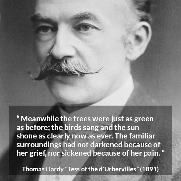 Thomas Hardy quote about grief from Tess of the d'Urbervilles (1891) - Meanwhile the trees were just as green as before; the birds sang and the sun shone as clearly now as ever. The familiar surroundings had not darkened because of her grief, nor sickened because of her pain.