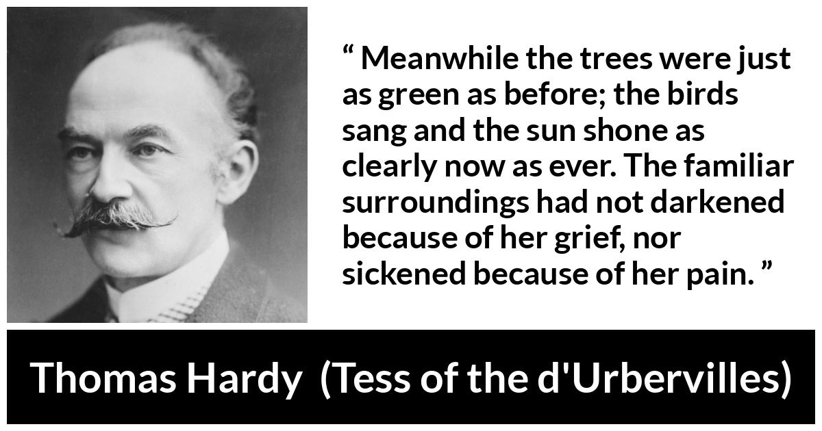 Thomas Hardy quote about grief from Tess of the d'Urbervilles (1891) - Meanwhile the trees were just as green as before; the birds sang and the sun shone as clearly now as ever. The familiar surroundings had not darkened because of her grief, nor sickened because of her pain.