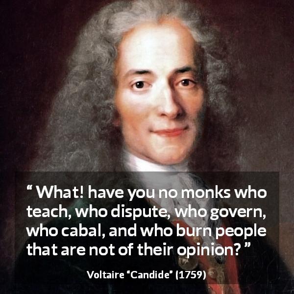 Voltaire quote about monk from Candide - What! have you no monks who teach, who dispute, who govern, who cabal, and who burn people that are not of their opinion?