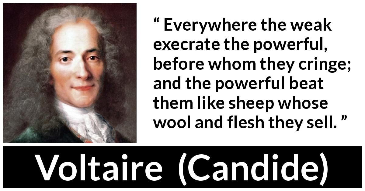 Voltaire quote about weakness from Candide - Everywhere the weak execrate the powerful, before whom they cringe; and the powerful beat them like sheep whose wool and flesh they sell.