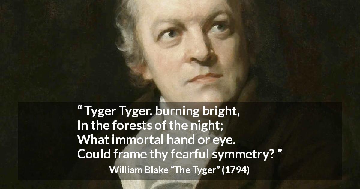 William Blake quote about fear from The Tyger - Tyger Tyger. burning bright,
In the forests of the night;
What immortal hand or eye.
Could frame thy fearful symmetry?