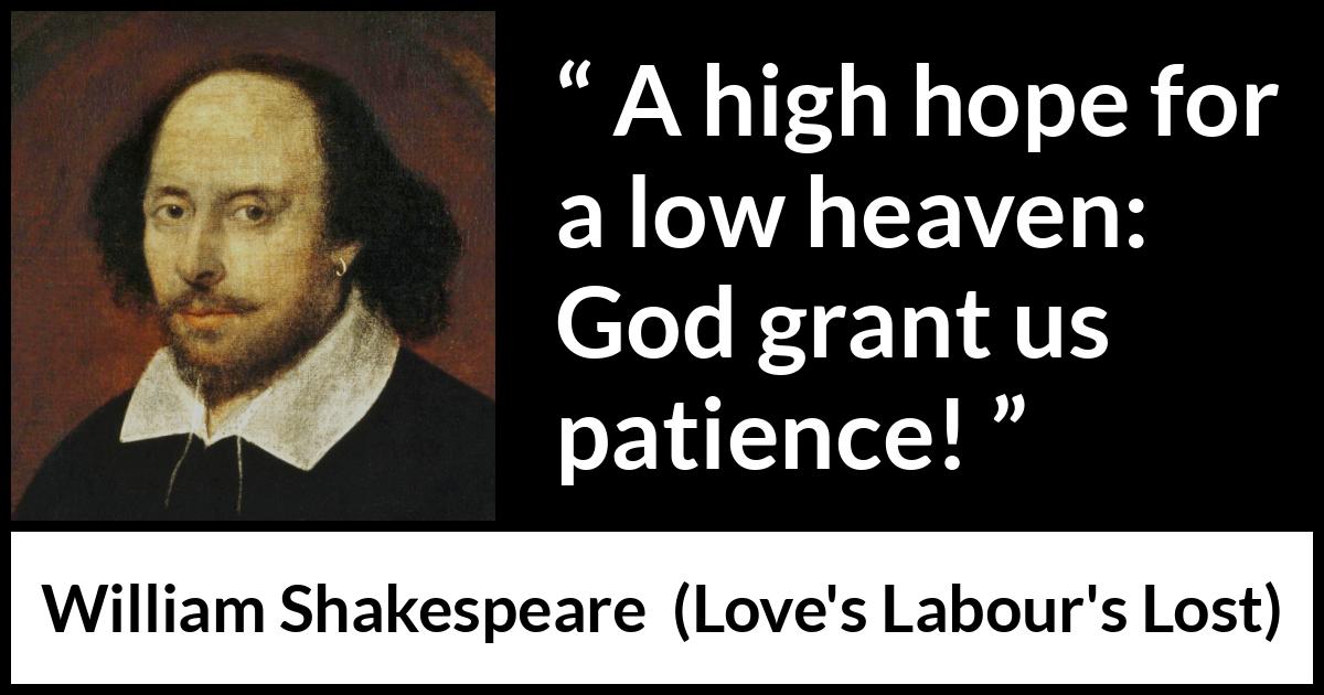 William Shakespeare quote about God from Love's Labour's Lost (1598) William Shakespeare quote about God from Love's Labour's Lost (1598) - A high hope for a low heaven: God grant us patience!