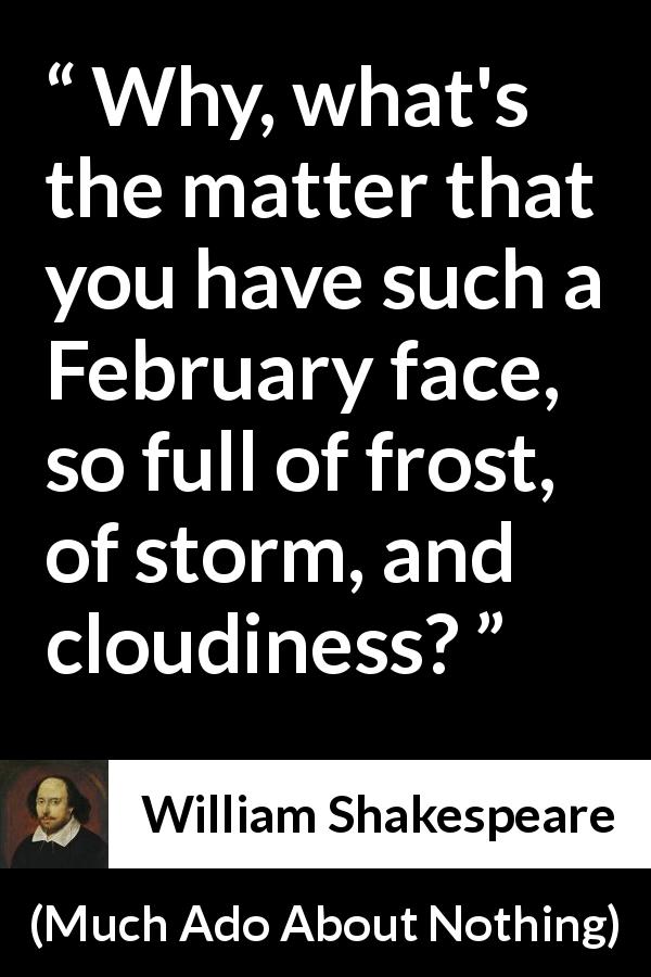 William Shakespeare quote about face from Much Ado About Nothing - Why, what's the matter that you have such a February face, so full of frost, of storm, and cloudiness?