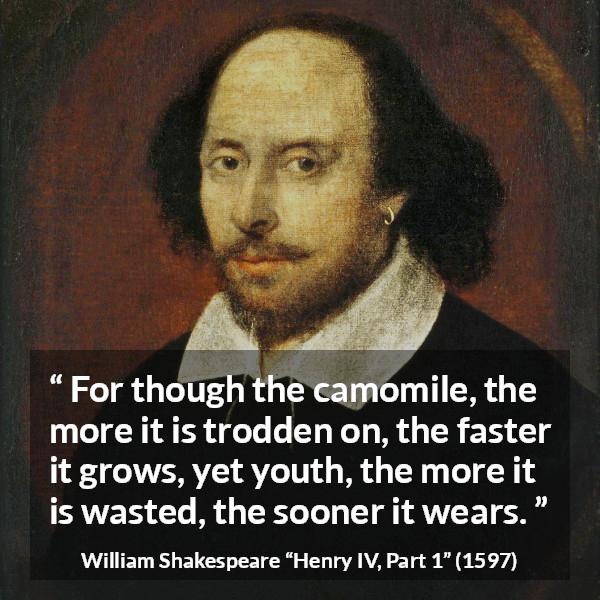 William Shakespeare quote about flower from Henry IV, Part 1 (1597) - For though the camomile, the more it is trodden on, the faster it grows, yet youth, the more it is wasted, the sooner it wears.