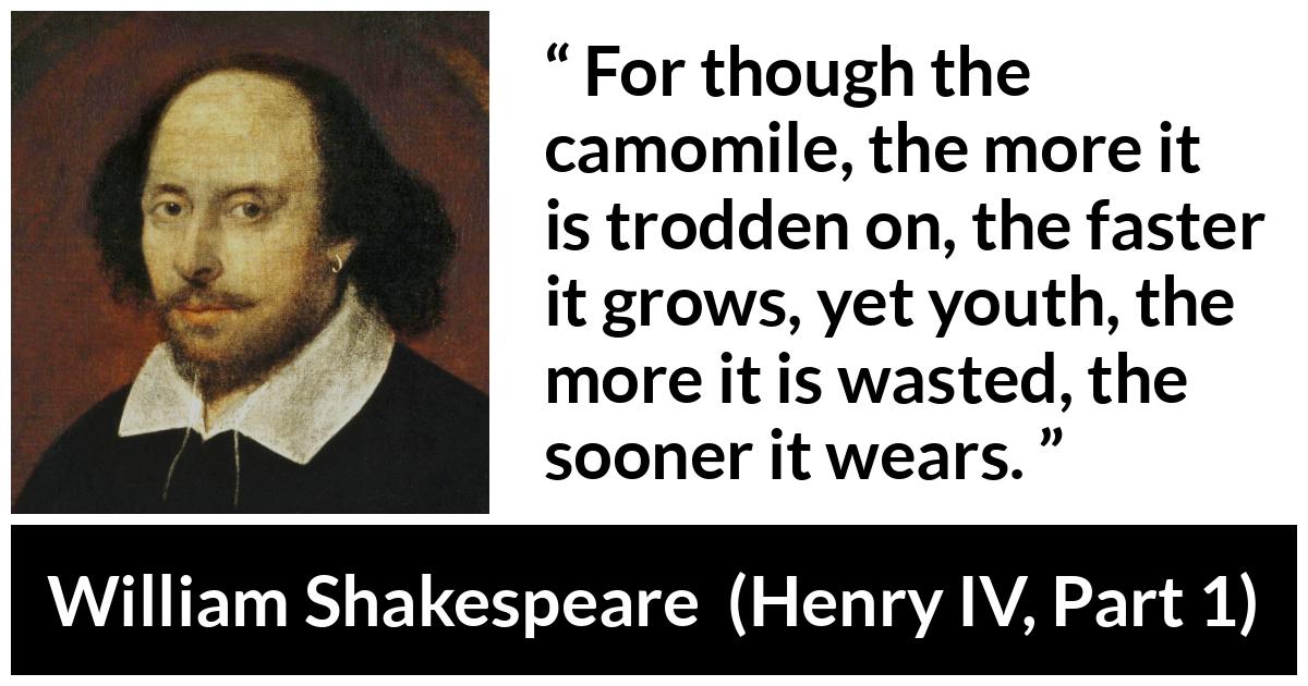 William Shakespeare quote about flower from Henry IV, Part 1 (1597) - For though the camomile, the more it is trodden on, the faster it grows, yet youth, the more it is wasted, the sooner it wears.