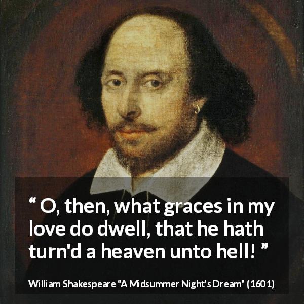 William Shakespeare quote about love from A Midsummer Night's Dream - O, then, what graces in my love do dwell, that he hath turn'd a heaven unto hell!