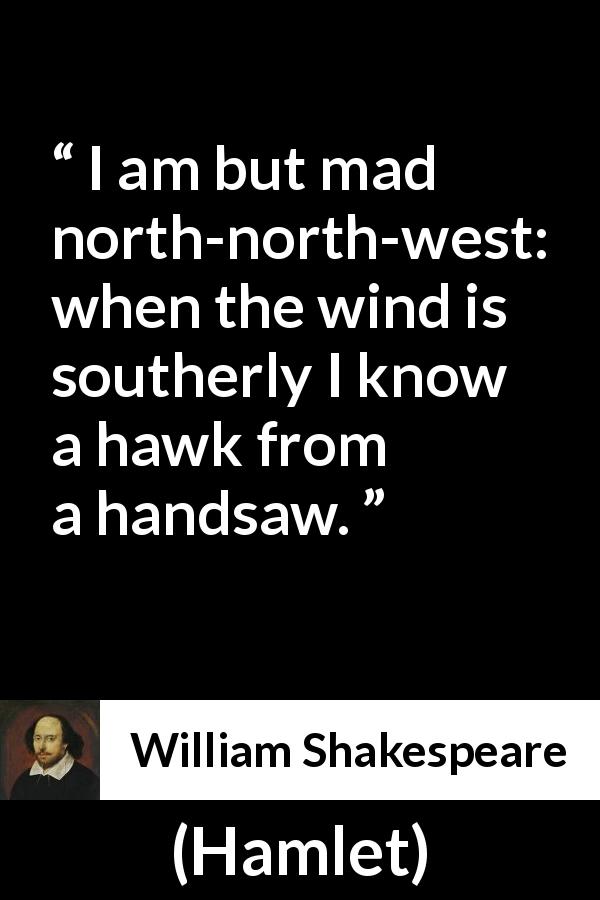 William Shakespeare quote about madness from Hamlet - I am but mad north-north-west: when the wind is southerly I know a hawk from a handsaw.