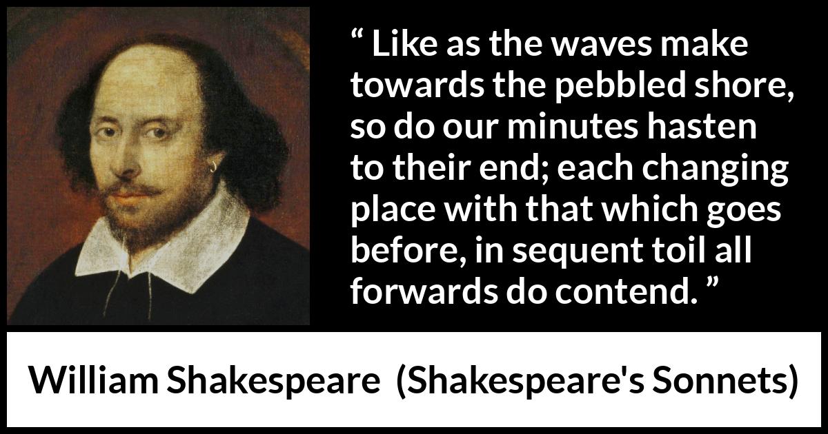 William Shakespeare quote about time from Shakespeare's Sonnets (1609) William Shakespeare quote about time from Shakespeare's Sonnets (1609) - Like as the waves make towards the pebbled shore, so do our minutes hasten to their end; each changing place with that which goes before, in sequent toil all forwards do contend.