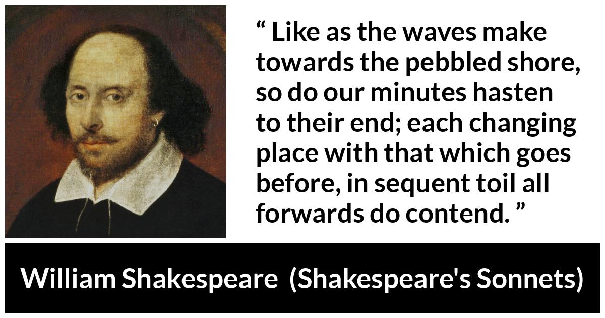 William Shakespeare quote about time from Shakespeare's Sonnets (1609) - Like as the waves make towards the pebbled shore, so do our minutes hasten to their end; each changing place with that which goes before, in sequent toil all forwards do contend.
