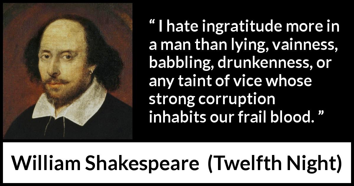 William Shakespeare quote about vice from Twelfth Night - I hate ingratitude more in a man than lying, vainness, babbling, drunkenness, or any taint of vice whose strong corruption inhabits our frail blood.
