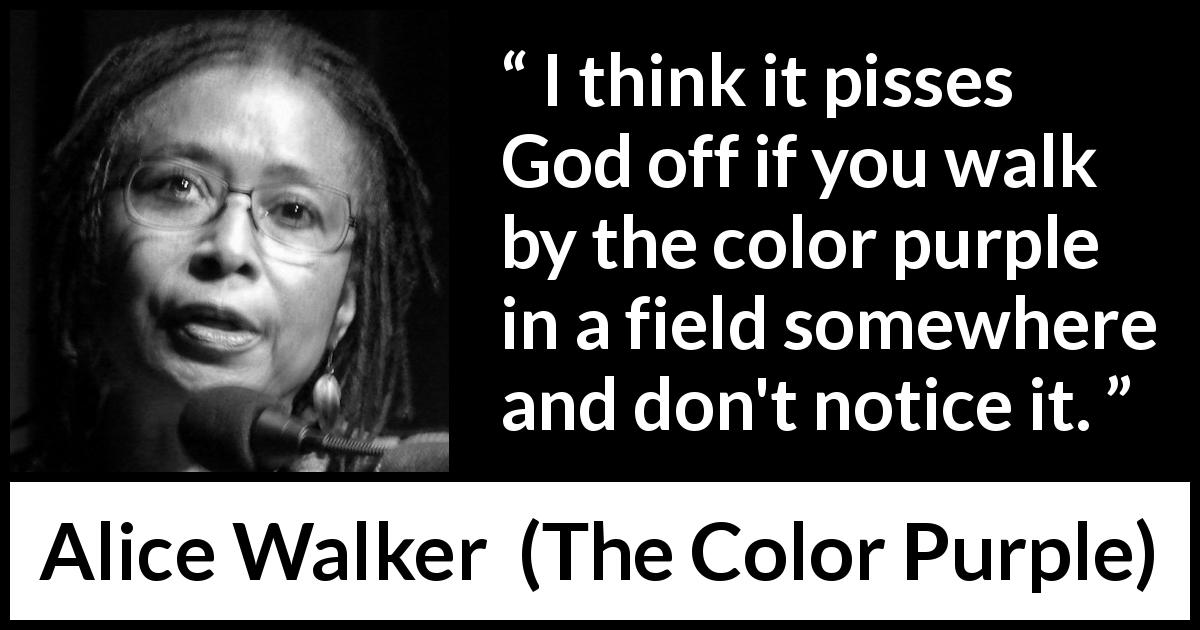 Alice Walker quote about God from The Color Purple - I think it pisses God off if you walk by the color purple in a field somewhere and don't notice it.