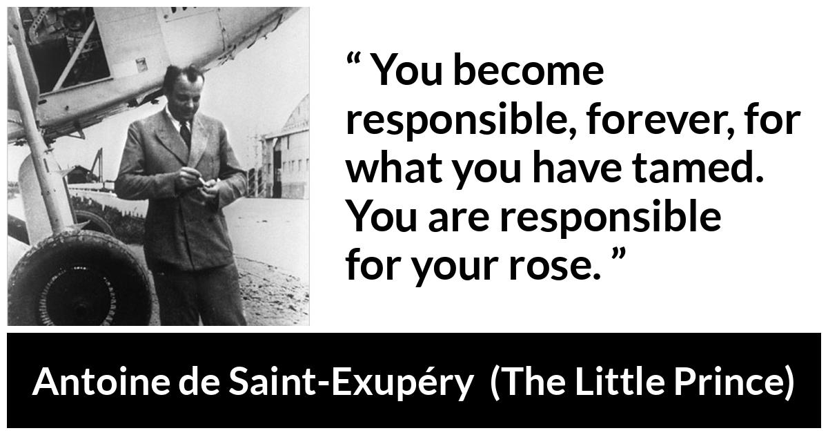 Antoine de Saint-Exupéry about responsibility (“The Little Prince”, 1943) Antoine de Saint-Exupéry about responsibility (“The Little Prince”, 1943) - You become responsible, forever, for what you have tamed. You are responsible for your rose.