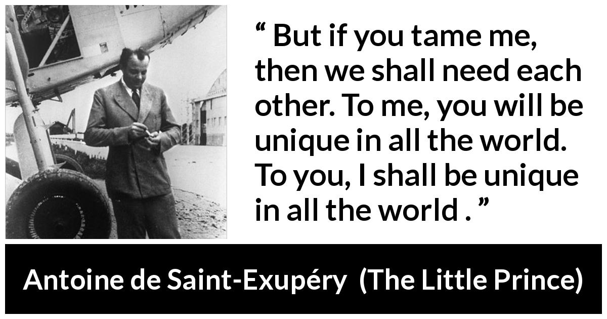 Antoine de Saint-Exupéry quote about need from The Little Prince - But if you tame me, then we shall need each other. To me, you will be unique in all the world. To you, I shall be unique in all the world .