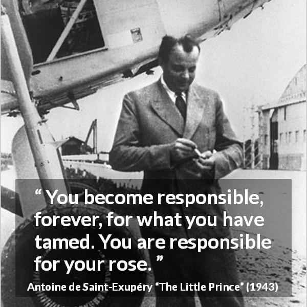 Antoine de Saint-Exupéry quote about responsibility from The Little Prince - You become responsible, forever, for what you have tamed. You are responsible for your rose.