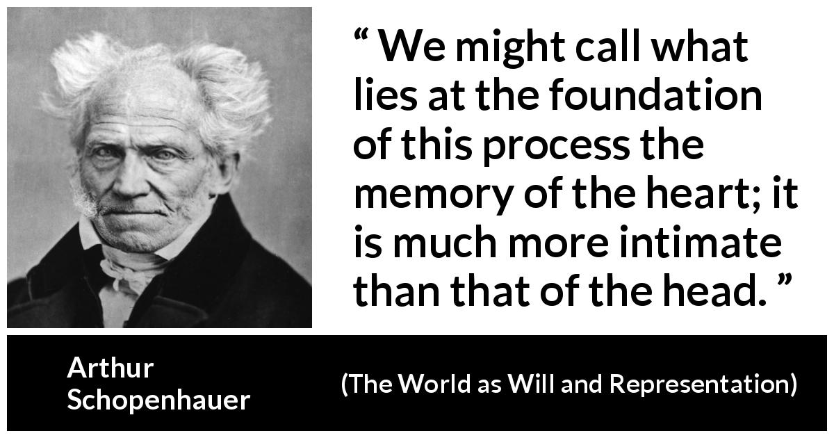 Arthur Schopenhauer quote about heart from The World as Will and Representation - We might call what lies at the foundation of this process the memory of the heart; it is much more intimate than that of the head.