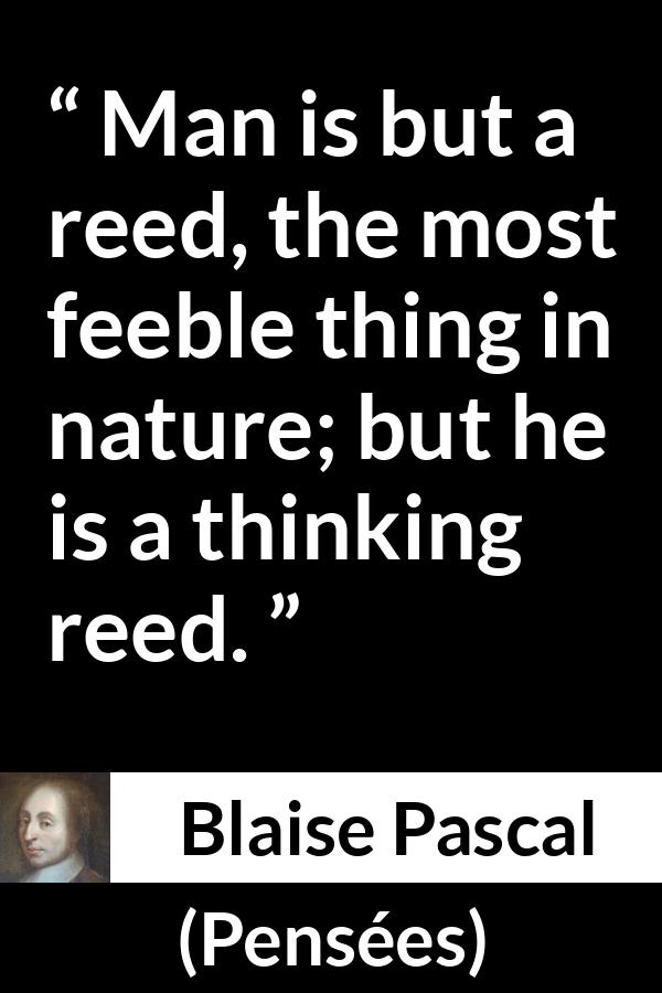 Blaise Pascal quote about weakness from Pensées (1670) - Man is but a reed, the most feeble thing in nature; but he is a thinking reed.