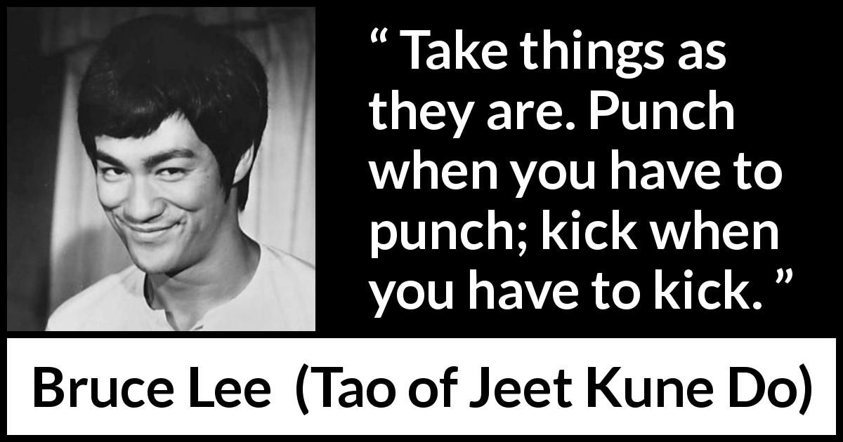 Bruce Lee quote about punch from Tao of Jeet Kune Do - Take things as they are. Punch when you have to punch; kick when you have to kick.